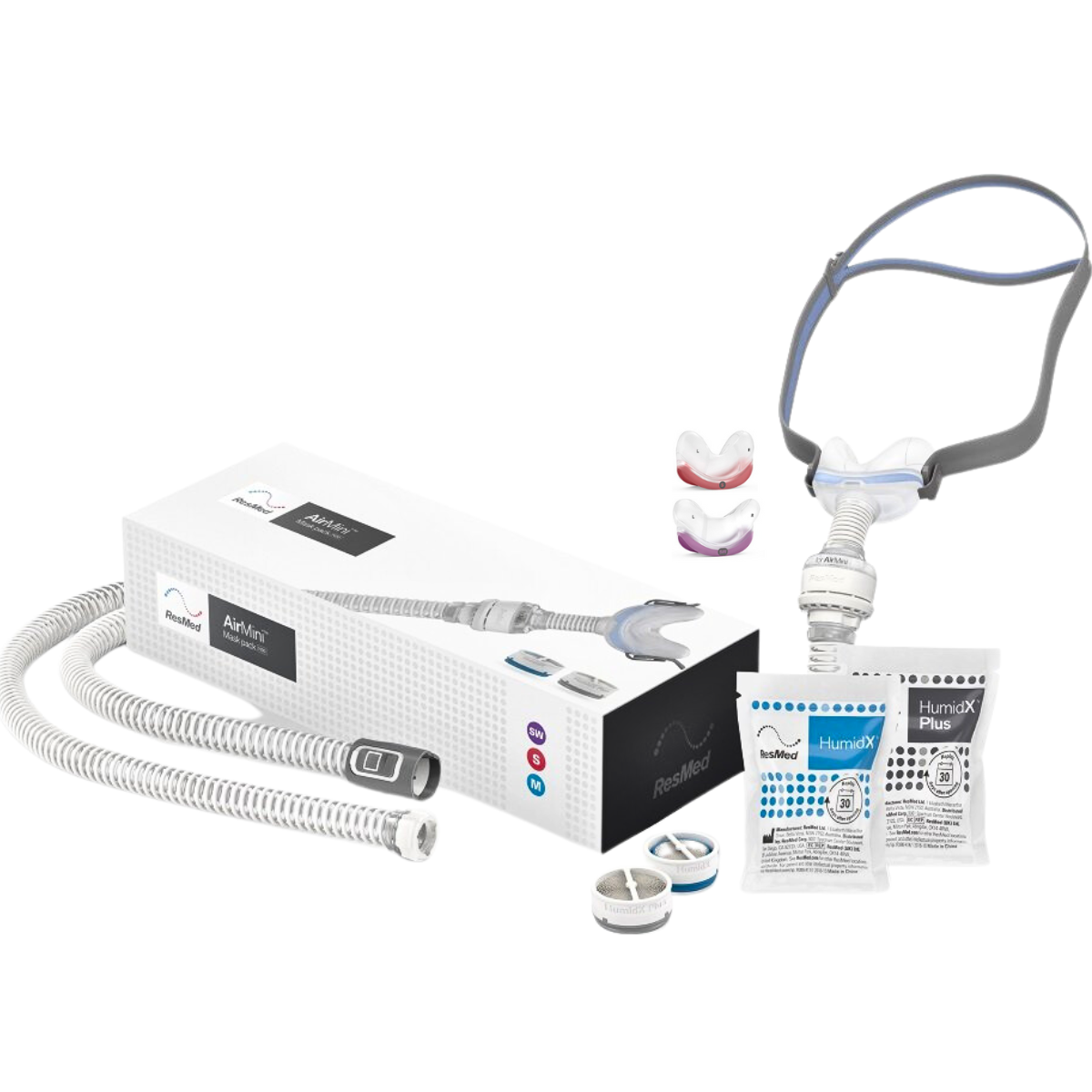 All the components of the N30 to AirMini Mask Pack including AirFit N30 mask with three cushion sizes, N30 AirMini Connector, HumidX, HumidX Plus and AirMini Tubing