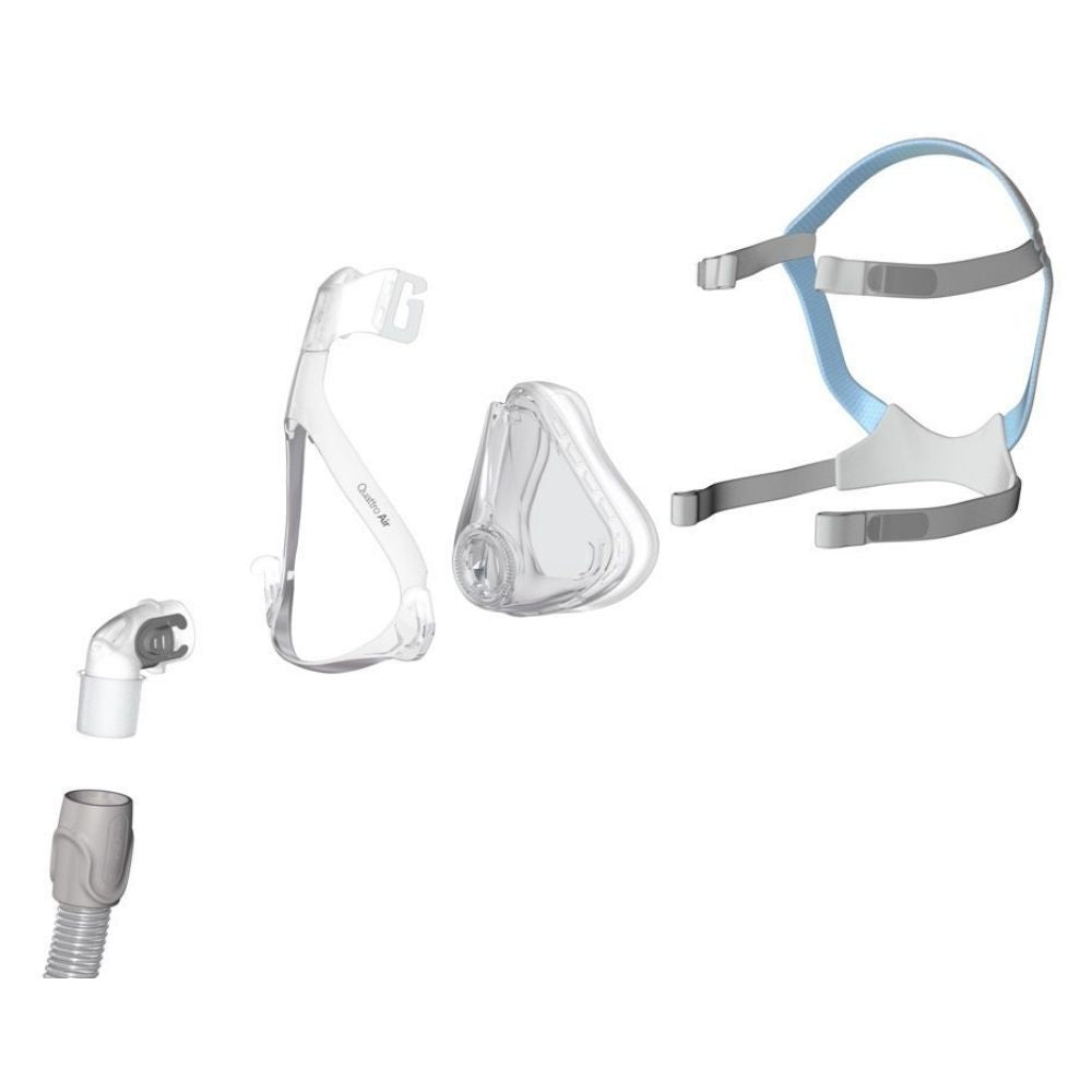 Individual components of the ResMed Quattro Air full face CPAP mask including the headgear, cushion, frame, elbow and tube.