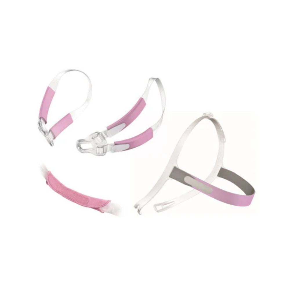 A pair of pink ResMed Swift FX Bella Loops and pink and grey headgear. The pink fabric wrap is also shown.