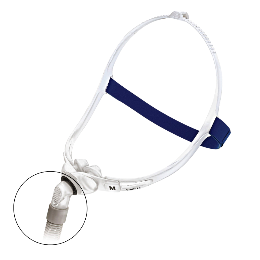 ResMed Swift FX mask showing where the Short Tube Assembly is amongst the mask components