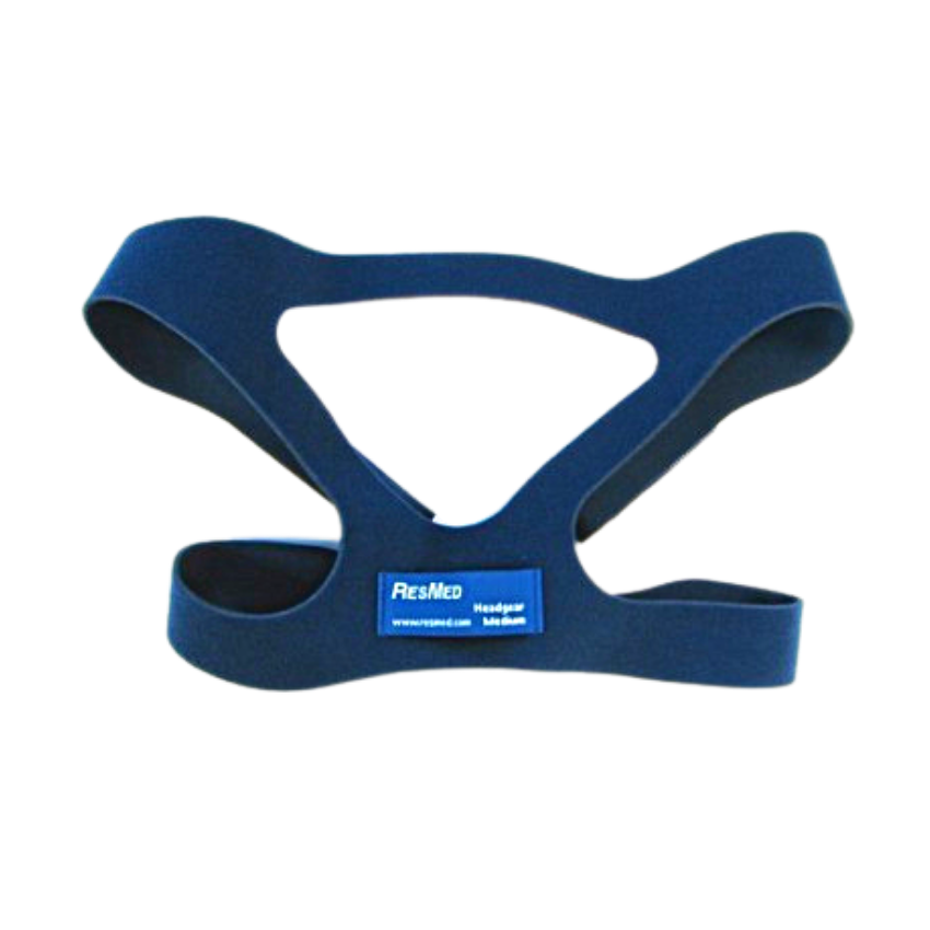 Blue ResMed headgear on white background