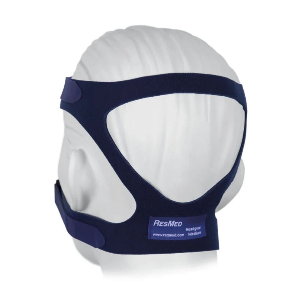 Blue ResMed universal headgear in size medium on the back of a mannequin head