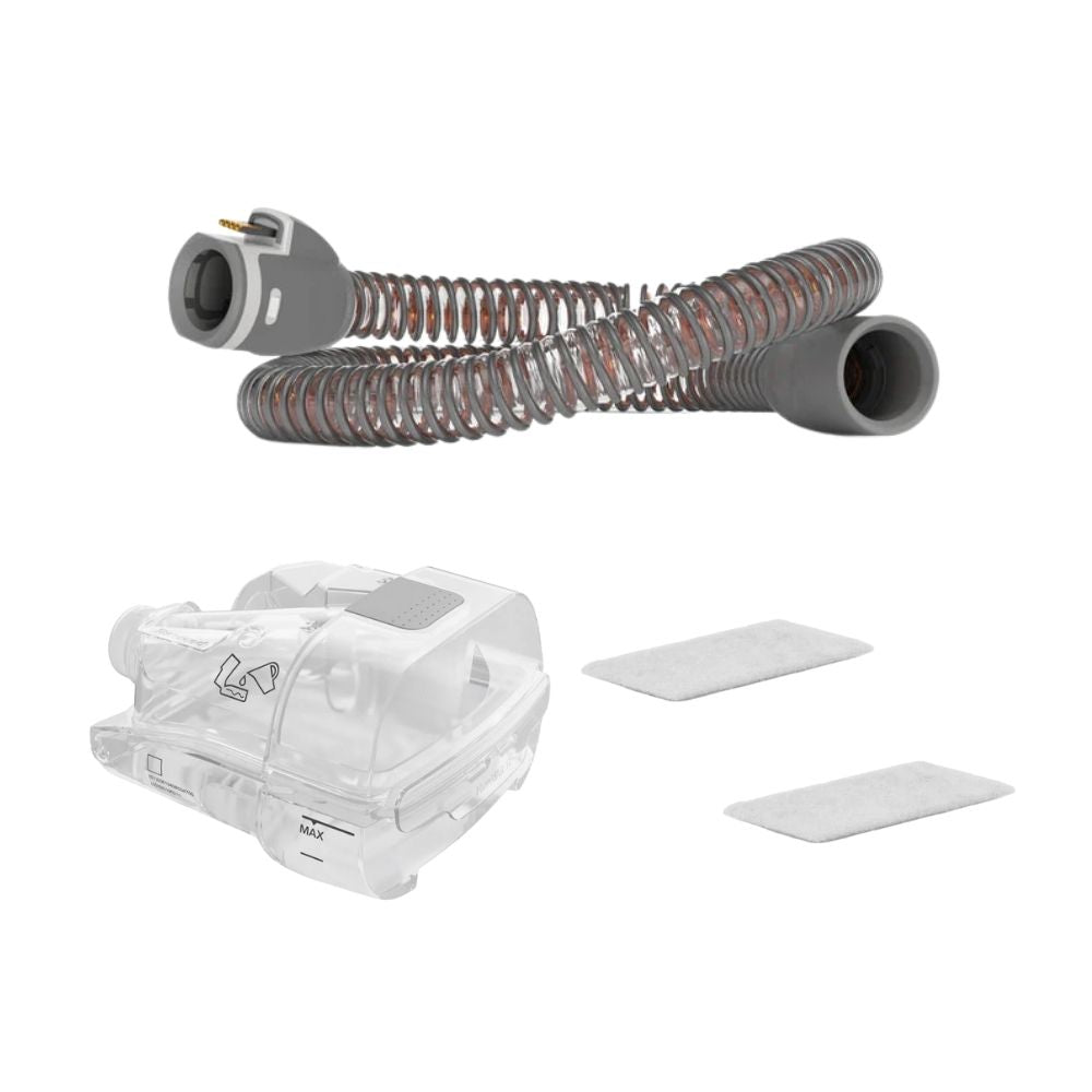 CPAP machine hose, humidifier water tub and two white air filters