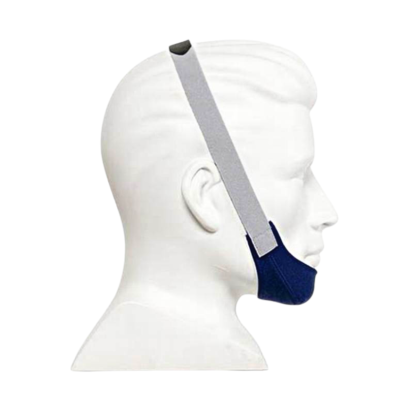 Mannequin head wearing a blue and grey chin strap
