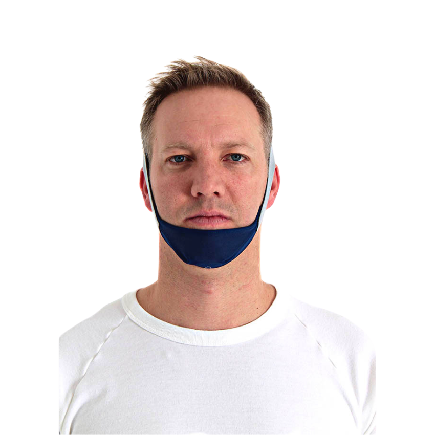 Man wearing a blue chin strap device