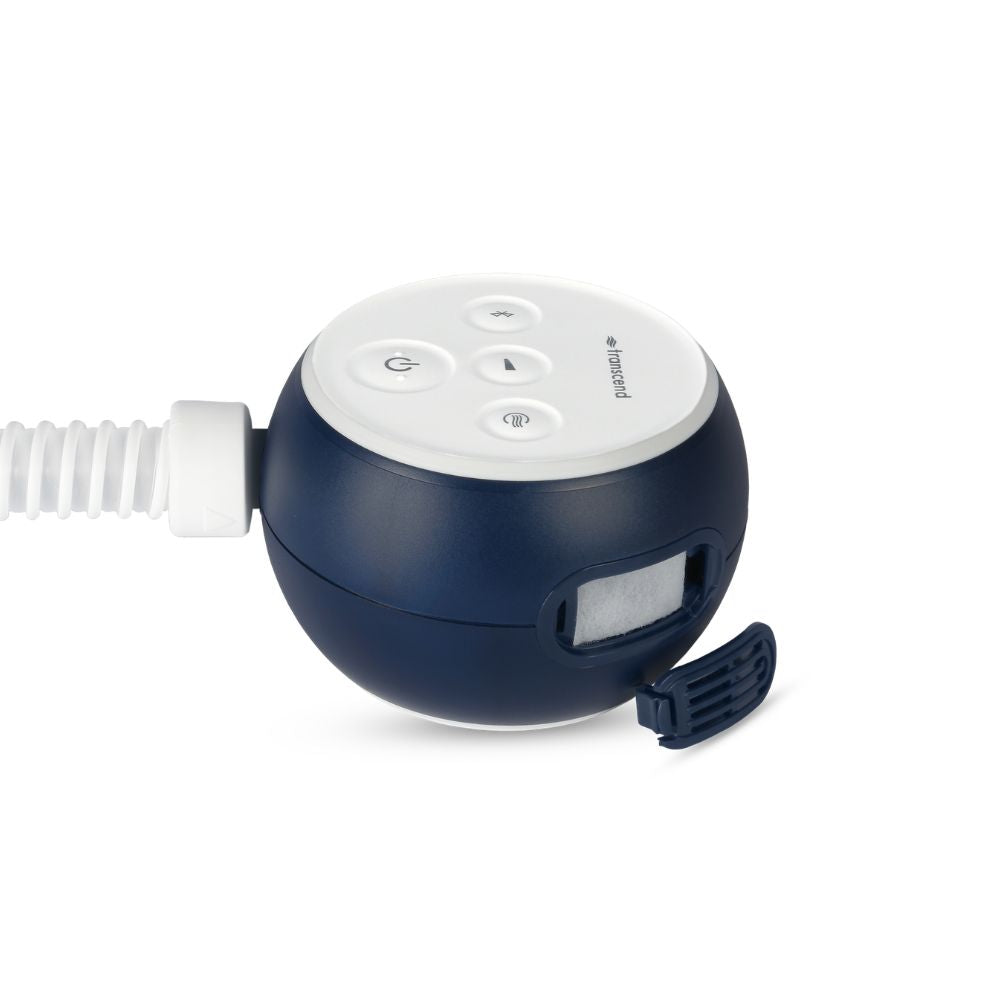 Blue Micro 510 CPAP machine with the filter cover open to reveal where the filter goes