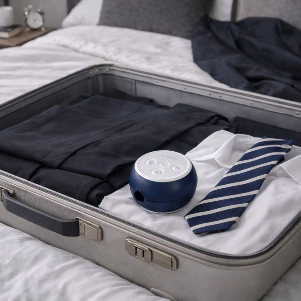 Small blue Micro 510 CPAP Machine in an open suitcase with clothes on a bed
