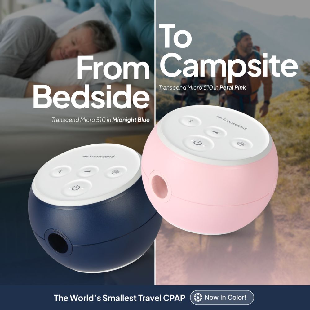 Two Micro 510 CPAP devices, one blue and one pink, with text about travel CPAPs on a scenic background. Text reads "From Bedside to Campsite".