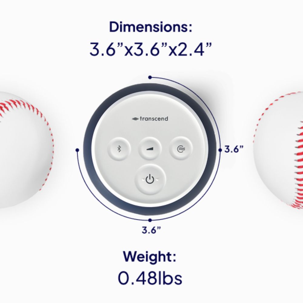 Transcend Micro 510 CPAP Machine dimensions and weight displayed, surrounded by baseballs for scale