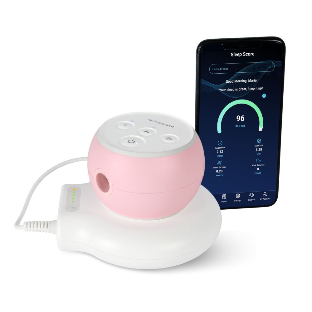 Pink Micro 510 CPAP device on the PowerAway Battery shown beside a mobile phone displaying sleep data