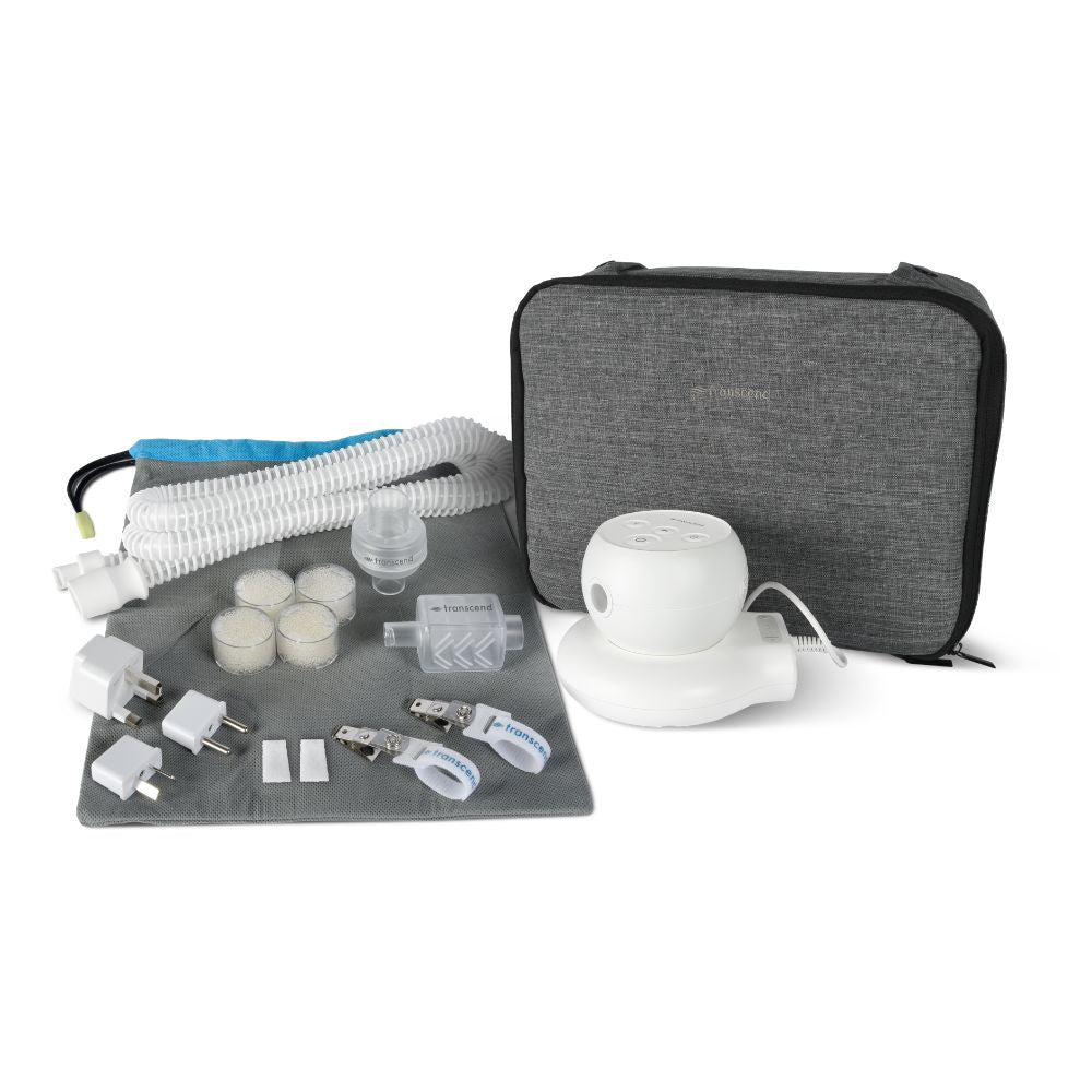 Transcend Micro 510 Power Bundle components including the Essentials Kit, Micro 510 device in white, PowerAway Battery and SleepPak travel case