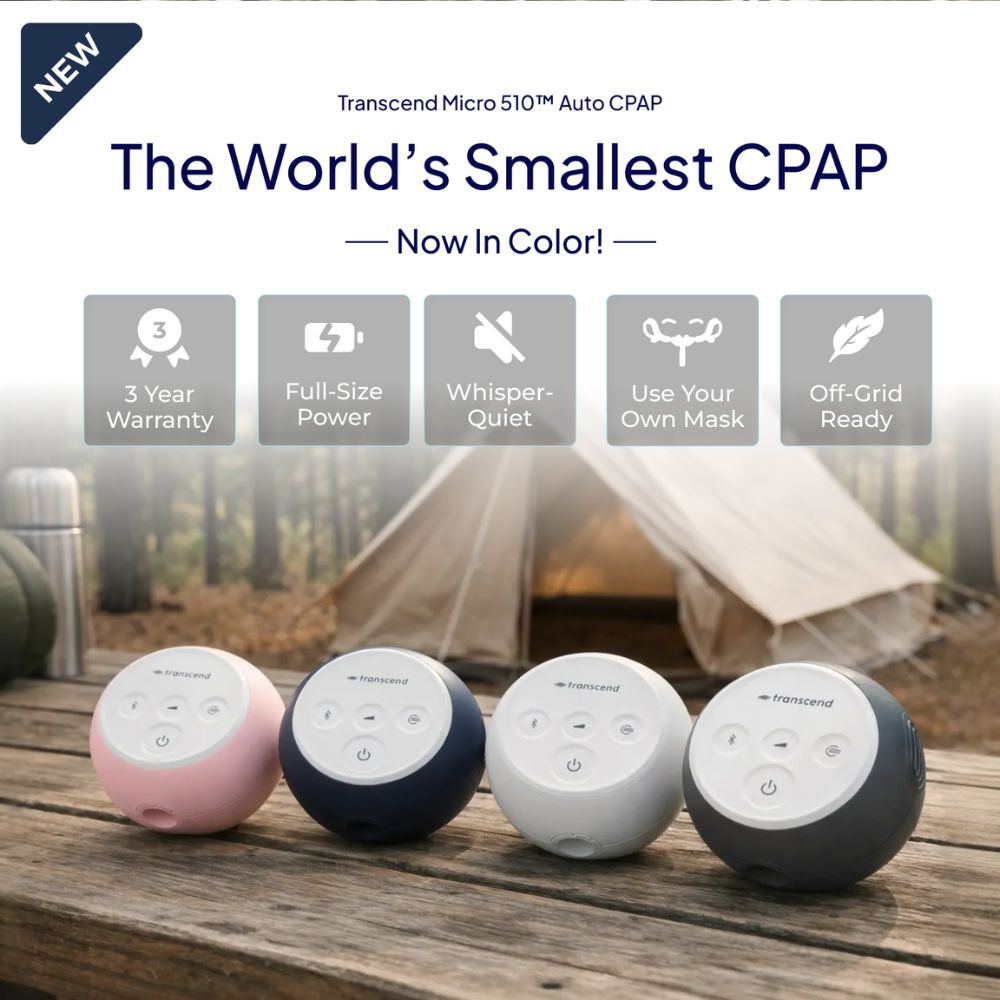 All four colours of the Transcend Micro 510 CPAP machine with camping background and product feature highlights