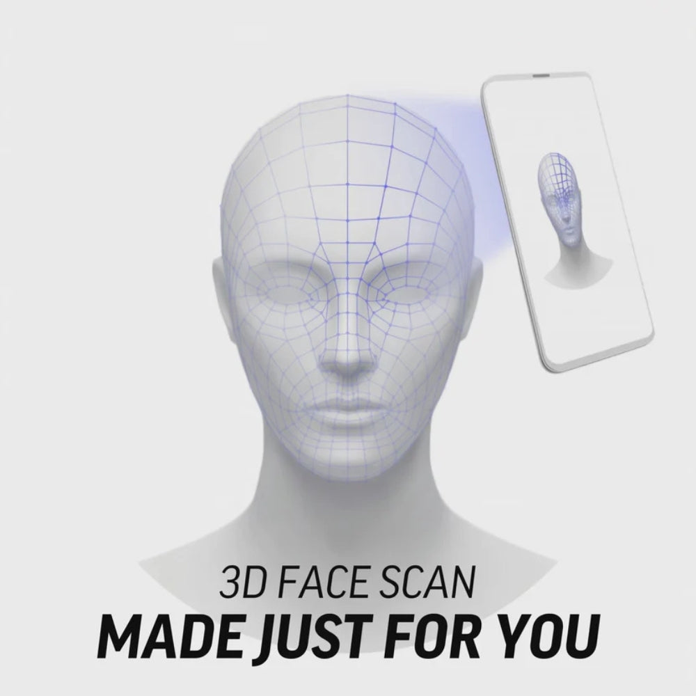 3D face scanning technology with a mannequin head and smartphone displaying a 3D face model on a light grey background