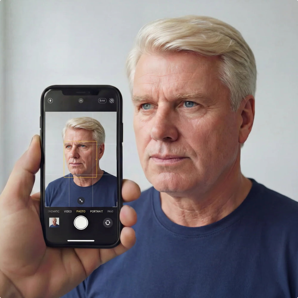 Person holding a smartphone with a face camera displayed on the screen, showing a close-up of their face