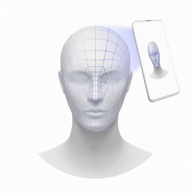 Mannequin head with wireframe face model and smartphone displaying a similar image