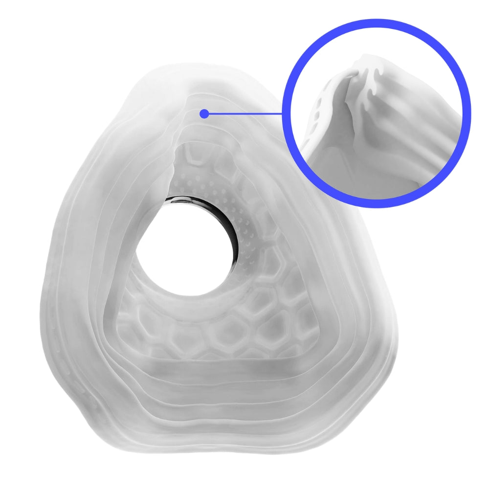Close-up of the FormFit custom full face CPAP mask cushion with a detailed texture, showing a magnified section