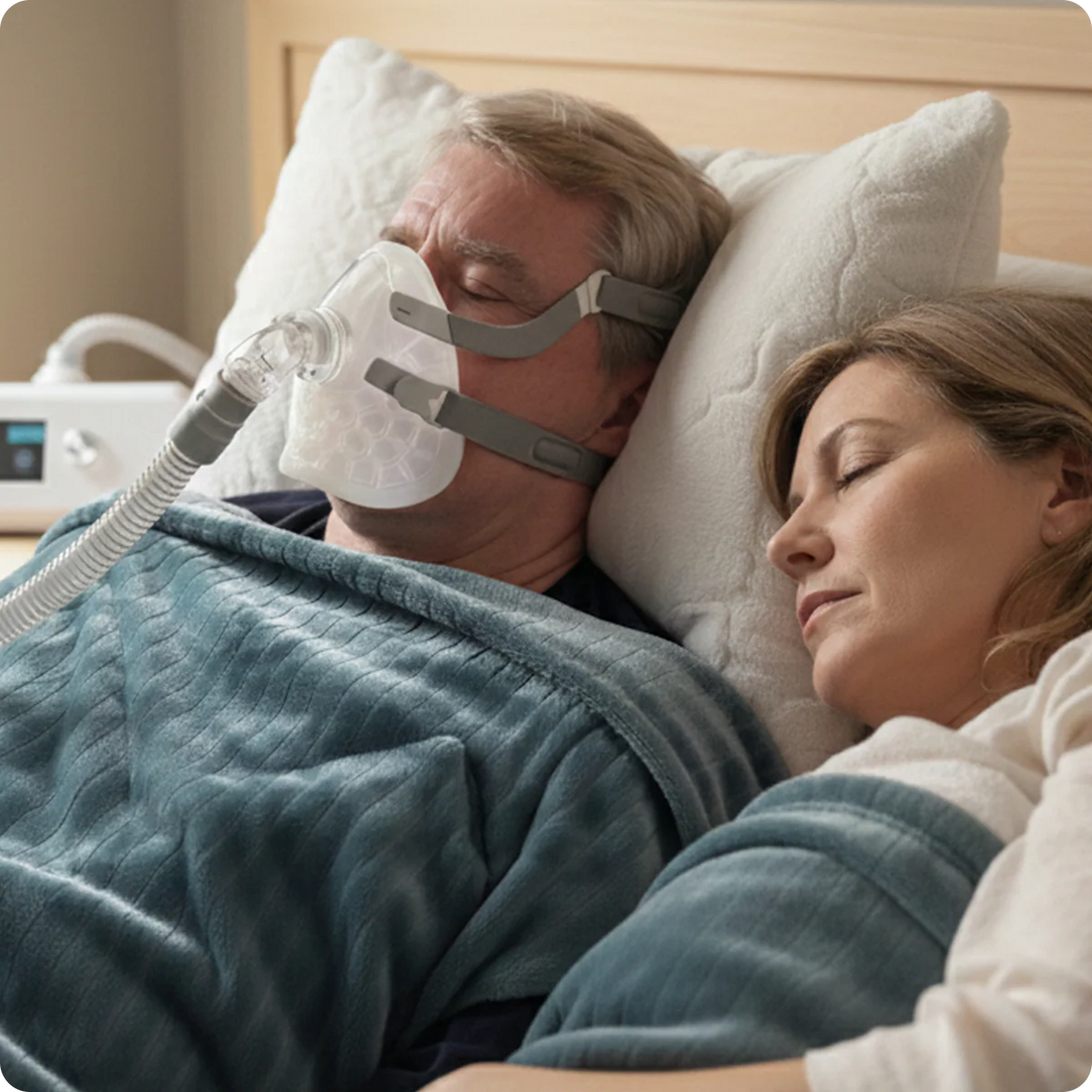 Man using a CPAP machine and  FormFit Custom Full Face CPAP Mask with a woman lying next to him in bed.