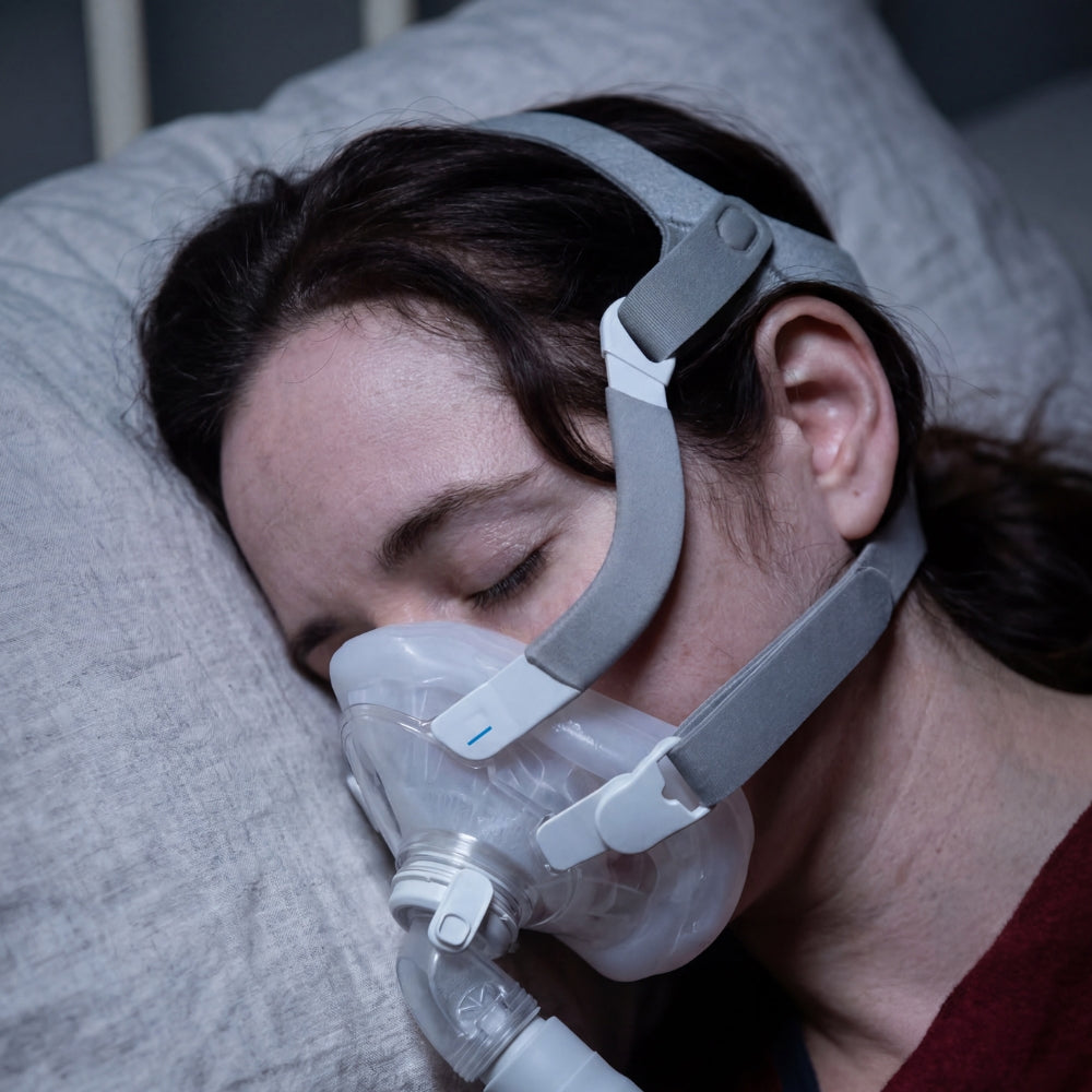 Person wearing a FormFit Custom Full Face CPAP Mask while sleeping in bed