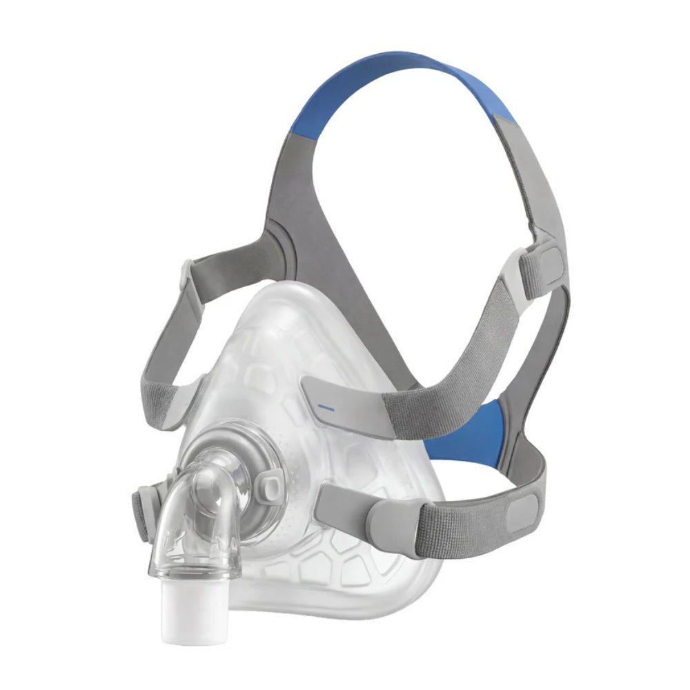 FormFit Custom Full Face CPAP Mask with grey and blue headgear angled left