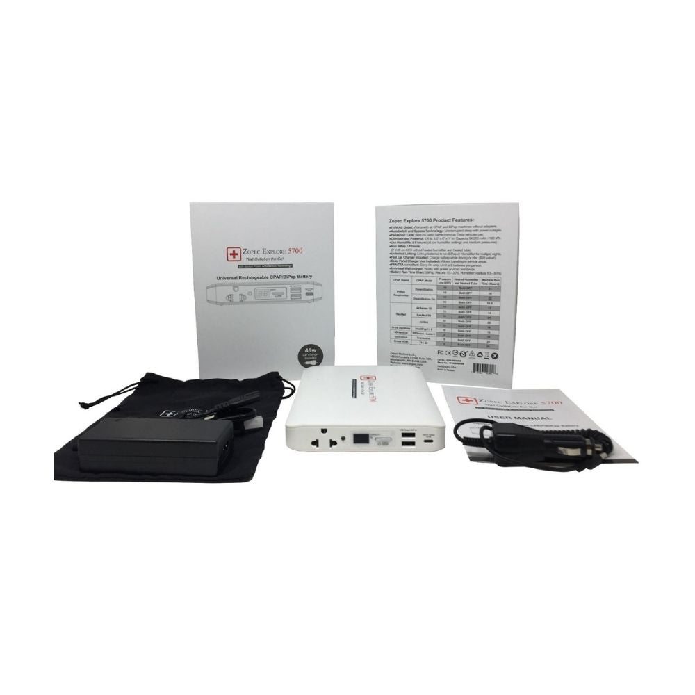 Included components of the Zopec Explore 5700 Travel CPAP Battery