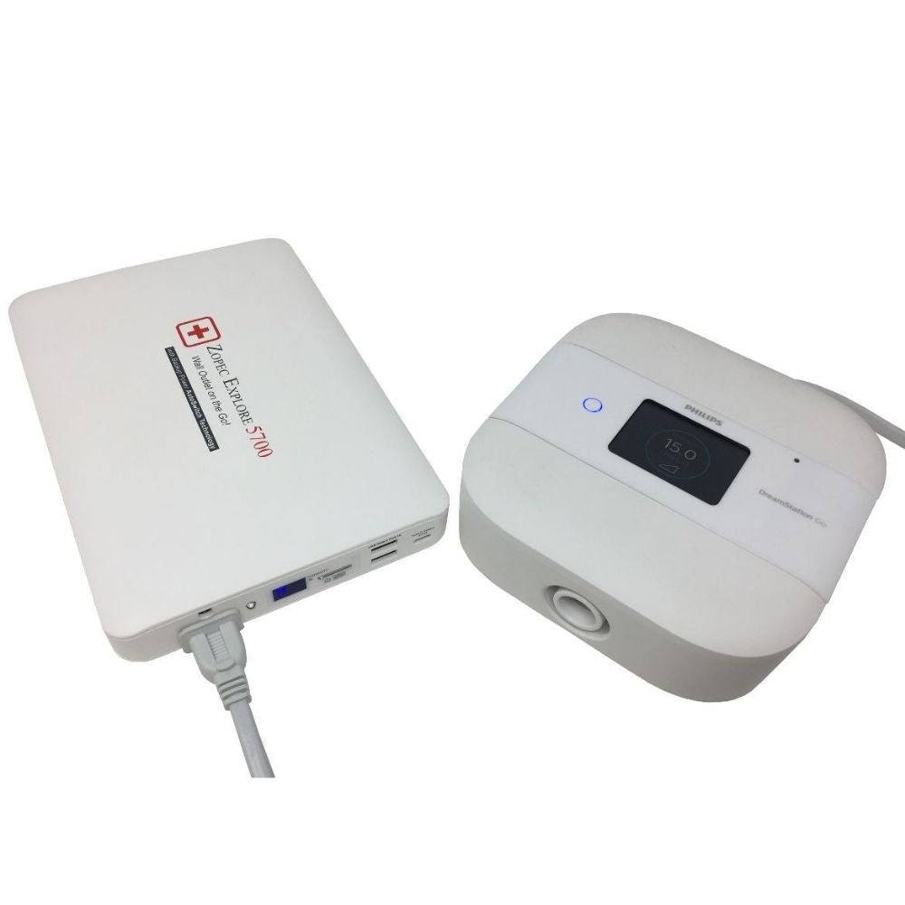 Zopec Explore 5700 Travel CPAP Battery powering the Philips DreamStation Go