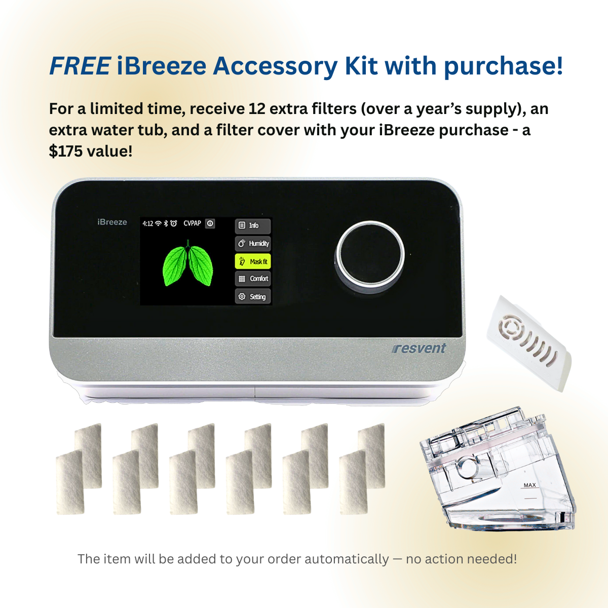 iBreeze device with accessories on a white background
