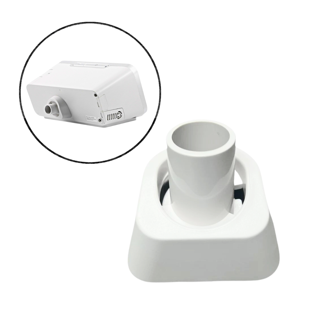 White plastic Gas Outlet Connector for the iBreeze with a circular inset showing a close-up of where the connector is used on the machine