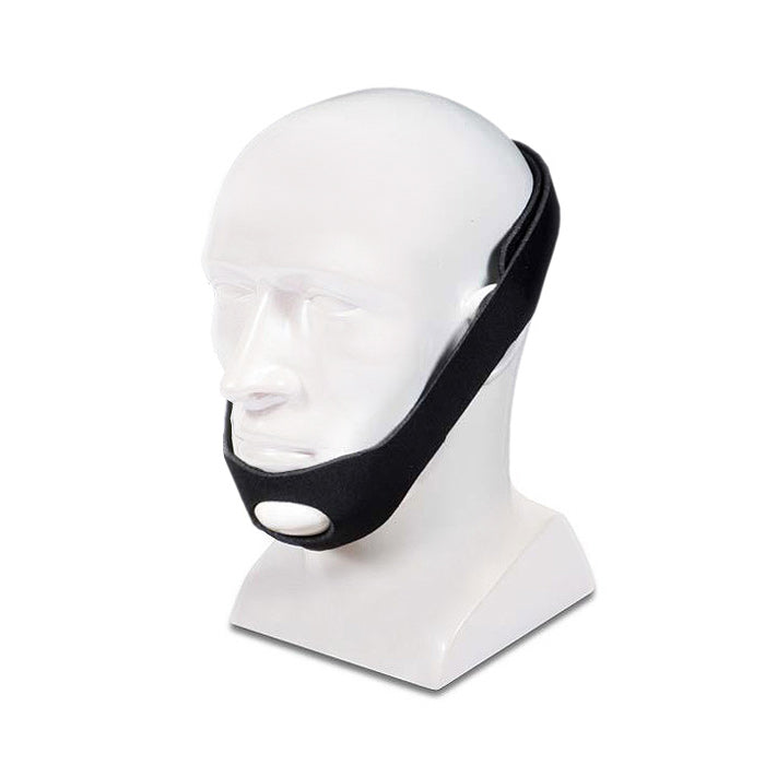Black chin strap on a white mannequin head against a white background