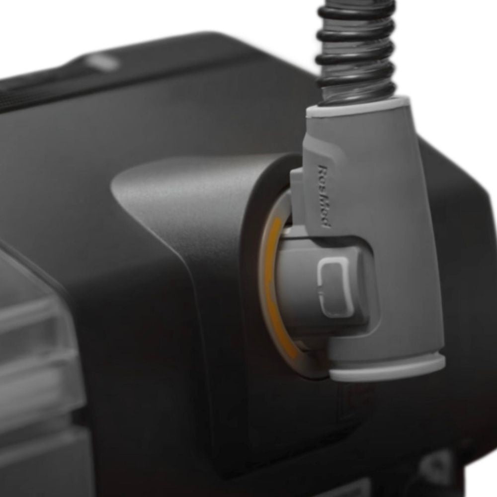 Close up of the ClimateLine heated tube plugged into the AirSense 10 CPAP machine