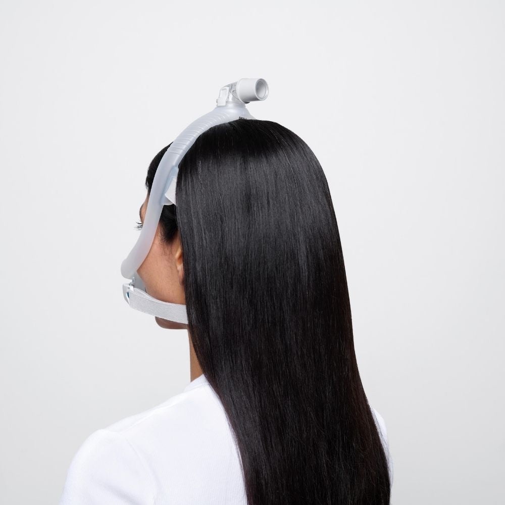 Back side view of a person with long black hair wearing the AirTouch F30i full face mask