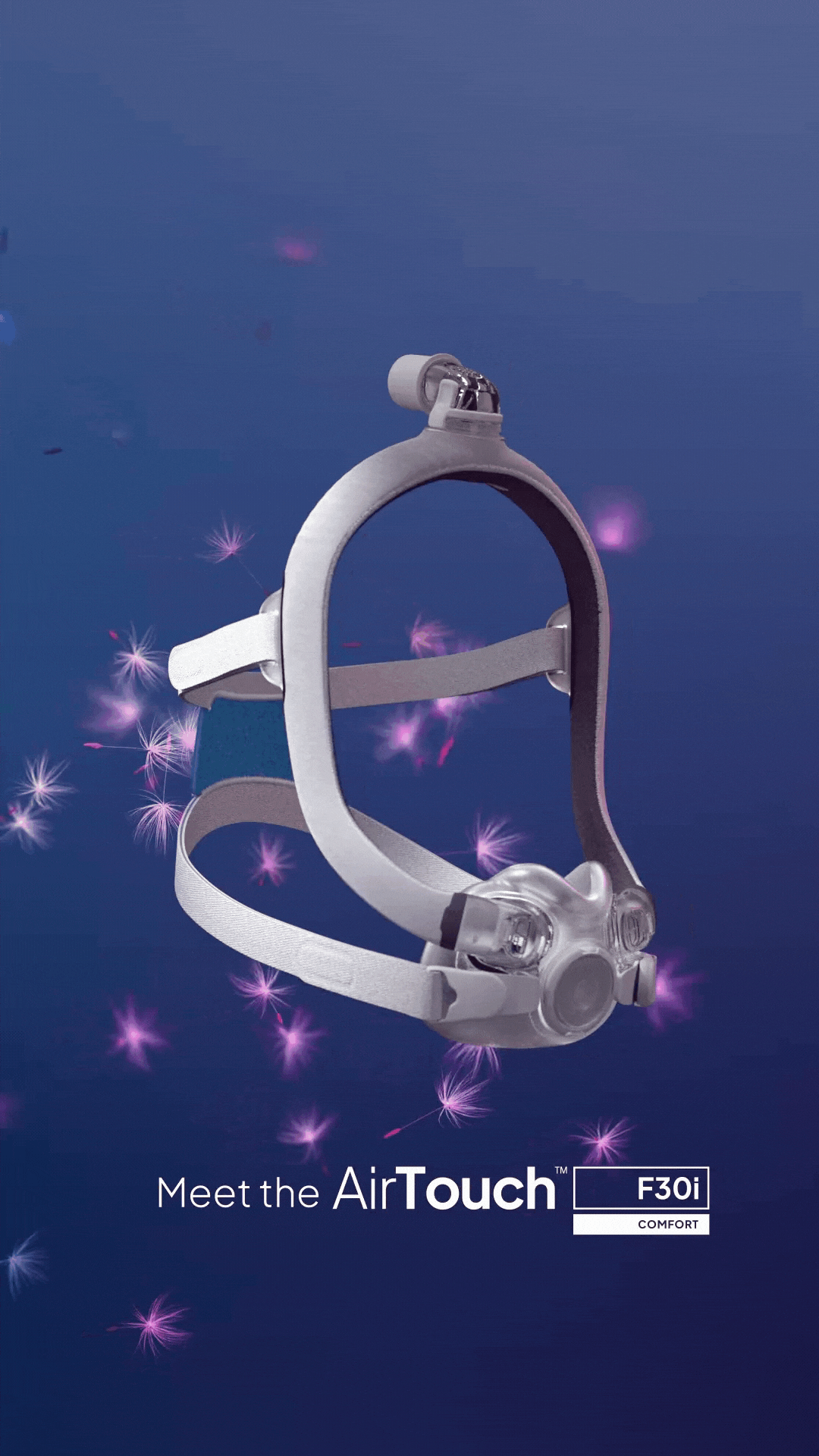 Side profile of the Resmed AirTouch F30i full face CPAP mask with pink fluffy dandelion seeds floating in the blue purple gradient background